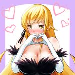  bare_shoulders blonde_hair blush breasts cleavage dress elbow_gloves gloves heart heart_hands kiss-shot_acerola-orion_heart-under-blade large_breasts long_hair looking_at_viewer monogatari_(series) pointy_ears solo upper_body very_long_hair white_gloves yellow_eyes yuki_mizore 