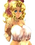  blonde_hair bollito bow bracelet breasts commentary crop_top dark_skin hair_bow huge_breasts jewelry kuramitsu_mihoshi navel pointy_ears ribbon_bangs solo tenchi_muyou! 