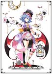  alternate_costume bat bat_wings blue_hair blush choker closed_umbrella cup disembodied_limb dress earrings frame hands hat high_heels highres ideolo jewelry layered_dress looking_at_viewer one_eye_closed overskirt purple_dress red_eyes remilia_scarlet sash smile solo teacup top_hat touhou tray umbrella white_dress wings wrist_cuffs 