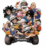  6+boys bald baseball_cap black_hair blue_hair bulma car cat chaozu chi-chi_(dragon_ball) dragon_ball dragon_ball_(classic) dragon_ball_z ground_vehicle hat helmet kuririn lowres lunch_(dragon_ball) motor_vehicle multiple_boys multiple_girls muten_roushi oolong pig pith_helmet puar safari_jacket scar son_gohan son_gokuu tenshinhan third_eye toriyama_akira yamcha 