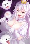  1girl :d blush boo breasts cleavage collar crown dress eyebrows_visible_through_hair eyes_closed frilled_collar frilled_dress frilled_gloves frills frown furrowed_eyebrows ghost ghost_pose gloves hair_between_eyes highres large_breasts lavender_hair long_hair looking_at_viewer mario_(series) new_super_mario_bros._u_deluxe nintendo open_mouth potsunen princess_king_boo purple_background purple_eyes sharp_teeth short_sleeves smile super_crown teeth tongue tongue_out white_dress white_gloves 