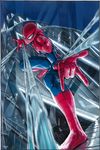  bodysuit broken_glass building full_body glass male_focus marvel murata_yuusuke new_york official_art searchlight silk skin_tight solo spider-man spider-man_(series) spider_web superhero zentai 