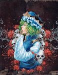  covering_mouth epaulettes flower green_eyes green_hair hat johnalay oil_painting_(medium) rod_of_remorse shiki_eiki short_hair signature skull sleeves_past_wrists solo spider_lily touhou traditional_media vest 