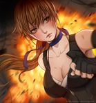  artist_name bangs blue_choker breasts brown_eyes brown_hair choker cleavage closed_mouth collarbone dead_or_alive dead_or_alive_5 explosion eyelashes kasumi_(doa) large_breasts lips long_hair magion02 partially_unzipped patreon_username ponytail signature solo watermark web_address 