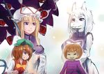  androgynous animal_ears bangs blonde_hair blue_eyes bow breasts brown_hair cat_ears cat_tail chen clenched_teeth dress endless_would flat_chest frisk_(undertale) furry gap goat_ears goat_girl green_hat hands_together hands_up hat hat_ribbon hiss holding holding_umbrella horns light_particles looking_at_another mob_cap multiple_girls multiple_tails nekomata purple_hair red_eyes red_vest ribbon shirt short_hair slit_pupils smile striped striped_shirt tabard tail teeth toriel touhou two_tails umbrella undertale vest white_dress white_shirt yakumo_yukari 