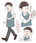  :3 apron atarime bad_id bad_twitter_id brown_hair character_name character_sheet closed_eyes cup employee_uniform heart highres male_focus matsuno_todomatsu multiple_views osomatsu-kun osomatsu-san simple_background uniform white_background writing 