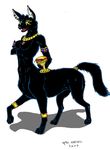  2003 anubis bedroom_eyes breasts deity ear_piercing female half-closed_eyes happy looking_at_viewer naughty_face nipples opal_weasel open_mouth piercing seductive simple_background smile solo taur white_background 