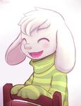  asriel_dreemurr blush caprine chair child clothing cute eyes_closed fur goat happy male mammal maximunex open_mouth shirt simple_background smile solo undertale video_games white_background white_fur young 