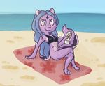  beach blue_hair bra clothed clothing crossed_legs cute detailed_background fan_character female hair half-dressed happy_tree_friends mammal melonpussy mia rodent sand sea seaside shore sky solo squirrel sunscreen topless towel underwear water 