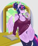  2015 anthro anthrofied avante92 big_breasts book bottomless breasts chest_tuft cleavage clothed clothing cup equine eyewear feathered_wings feathers female friendship_is_magic fur glasses hair half-dressed hi_res holding horn legwear long_hair mammal my_little_pony pussy solo tuft twilight_sparkle_(mlp) winged_unicorn wings 
