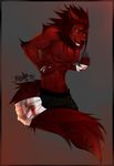  abs anthro bandage biceps blaithe brown_hair canine clothed clothing fur grey_background hair half-closed_eyes half-dressed looking_at_viewer male mammal muscular navel nipples pants pecs red_fur simple_background smile solo teeth three-quarter_portrait topless yellow_eyes 