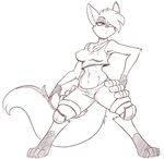  2015 abs anthro breasts claws cleavage clothed clothing digitigrade dreamkeepers female fur hair hair_over_eye half-closed_eyes knee_pads mammal midriff monochrome navel nipple_bulge shirt shorts simple_background skidd smile solo striped_tail tank_top toe_claws tuft viriathus white_background 