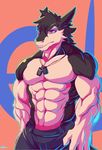  abs anthro biceps big_muscles black_fur black_hair blue_background blue_eyes claws clothed clothing discordnight dog_tags fully_clothed fur hair half-dressed hand_behind_head hat kakron_(artist) male muscular muscular_male pants pecs sergal simple_background solo standing topless white_fur 