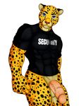  2014 abs anthro athletic balls biceps big_muscles big_penis blackbear blue_eyes bottomless bouncer cheetah circumcised clothed clothing erection feline fur half-dressed humanoid_penis looking_at_viewer male mammal muscular muscular_male nude pecs penis pepsi_(fa) pose presenting security shirt simple_background smile solo spots standing thick_penis uncut vein veiny_penis white_background yellow_fur 