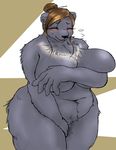  absurd_res anthro bear big_breasts blush breasts brown_hair chubby covering covering_breasts covering_self eyes_closed female fur hair hi_res huge_breasts ketsuneko mammal nude overweight solo sweat wide_hips 