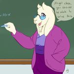  2015 anthro boss_monster caprine clothed clothing dialogue english_text eyewear fur glasses goattrain looking_at_viewer mammal math open_mouth red_eyes school smile solo speech_bubble text toriel undertale video_games white_fur 