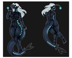  2015 antennae anthro areola bioluminescence black_skin blue_skin breasts butt female fin fish flippers glowing hair looking_at_viewer marine nipples popesslodovica pose presenting presenting_hindquarters presenting_pussy pussy rear_view solo viper_fish white_eyes white_hair 