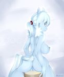 2015 anus areola blue_eyes blue_fur blue_hair breasts butt digital_media_(artwork) equine female fur hair horse looking_back mammal moxaji nipples nude ponytail pussy rear_view ribbons side_boob simple_background sitting snowflake solo white_background 