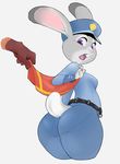  anthro big_butt butt cbee claws colored disembodied_hand disney dodgerblue duo female grey_background greyscale hat judy_hopps lagomorph looking_at_viewer looking_back mammal monochrome open_mouth police rabbit short_stack simple_background solo_focus surprise wide_hips zootopia 