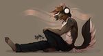 2015 anthro blaithe brown_hair canine clothed clothing fur hair half-closed_eyes half-dressed headphones male mammal simple_background sitting smile solo topless 