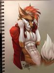  2015 abs anthro blaithe blue_eyes brown_fur brown_nose canine clothing fangs fox fur hair half-closed_eyes inner_ear_fluff jacket looking_at_viewer male mammal muscular navel nude pecs simple_background smile solo teeth white_fur 