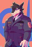  anthro black_fur black_hair blue_background blue_eyes claws clothed clothing discordnight fully_clothed fur hair hand_behind_head hat kakron_(artist) male muscular muscular_male pants sergal simple_background solo white_fur 