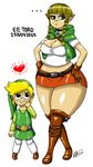  &lt;3 belt big_thighs blonde_hair blush boots cleavage cloak clothed clothing diamond drooling eetoro_(artist) ellipses footwear front_view gem hair hat human link linkle_(character) lookbacktofour_(artist) mammal mantle nintendo not_furry pointy_ears saliva signature simple_background size_difference skirt standing the_legend_of_zelda video_games white_background wide_hips 