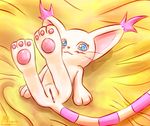  blue_eyes blush digimon ear_tuft feline female fur gatomon kaimimi legs_in_air long_tail mammal pawpads presenting pussy solo tuft whiskers white_fur 