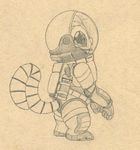  alien experiment_(species) jet_pack male mammal monochrome ovnee pencil_(artwork) petrock science_fiction side_view solo space_suit standing traditional_media_(artwork) 
