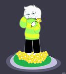  asriel_dreemurr caprine clothing cute flower goat grass male mammal pants plant qtipps simple_background solo standing sweater undertale video_games young 