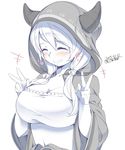  breasts camieux cleavage cloak closed_eyes double_v draph granblue_fantasy highres hood hooded_cloak horns kokka_han large_breasts long_hair midriff monochrome school_uniform simple_background solo v 