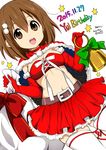  :d bell belt blush bow breasts brown_eyes brown_hair capelet character_name christmas cleavage dated gloves green_bow hair_ornament hairclip happy_birthday hirasawa_yui k-on! looking_at_viewer medium_breasts midriff navel official_style open_mouth ragho_no_erika red_bow red_gloves ribbon sack santa_costume short_hair signature simple_background skirt smile solo starry_sky_print thighhighs white_background white_bow white_ribbon zettai_ryouiki 