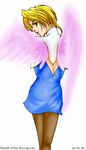 angel_wings artist_request ass blonde_hair blush breath_of_fire breath_of_fire_iv dress hairband lowres nina_(breath_of_fire_iv) pantyhose short_hair solo white_background white_wings wings 