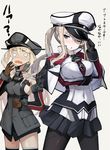 ;o bismarck_(kantai_collection) black_gloves black_legwear blonde_hair blue_eyes blush breasts brown_gloves capelet celtic_knot commentary_request gloves graf_zeppelin_(kantai_collection) hat hat_tip iron_cross iwasaki_takashi kantai_collection large_breasts long_hair military military_hat military_uniform miniskirt multiple_girls one_eye_closed pantyhose peaked_cap pleated_skirt sideboob simple_background skirt translated twintails uniform white_background 