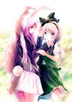  animal_ears bunny_ears green_eyes hairband highres konpaku_youmu long_hair looking_at_viewer mayonaka_taruho multiple_girls necktie purple_hair red_eyes reisen_udongein_inaba short_hair silver_hair touhou yuri 