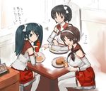  black_hair blue_eyes blue_hair breasts brown_eyes brown_hair commentary cup detached_sleeves drinking_glass eating food fork french_fries hair_ribbon hairband hamburger isuzu_(kantai_collection) japanese_clothes kantai_collection kuuro_kuro large_breasts long_hair multiple_girls nagara_(kantai_collection) natori_(kantai_collection) one_side_up open_mouth plate pleated_skirt ribbon school_uniform serafuku short_hair sitting skirt translated twintails white_hairband 