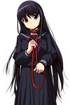  black black_eyes black_hair black_serafuku black_skirt blush collar cowboy_shot eyebrows_visible_through_hair highres leash long_hair long_sleeves looking_at_viewer matsunaga_kouyou neckerchief original pleated_skirt school_uniform serafuku skirt solo very_long_hair 