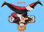  absurdres bandaged_leg bandages blonde_hair blue_background blue_eyes boruto:_naruto_the_movie character_name facial_mark forehead_protector full_body highres jacket junjunforever konohagakure_symbol legs_apart long_sleeves looking_at_viewer male_focus naruto naruto_(series) one_eye_closed pants rope scroll shirt simple_background solo spiked_hair t-shirt toeless_legwear upside-down upskirt uzumaki_boruto whisker_markings 