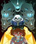  androgynous aura blood blood_on_face bloody_knife bone brown_hair chara_(undertale) dark_persona evil_smile frisk_(undertale) gasterblaster glowing glowing_eye grin highres jacket jewelry knife locket md5_mismatch pendant red_eyes sans shirt skeleton skull slippers smile smirk spoilers stained_glass striped striped_shirt tenperu_tapio undertale 