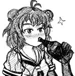  alcohol antenna_hair black_gloves blush bottle double_bun drinking elbow_gloves gloves greyscale highres holding holding_bottle kant-o-celle_quest kantai_collection line_shading monochrome naka_(kantai_collection) pixelfag school_uniform serafuku simple_background sketch solo upper_body white_background 