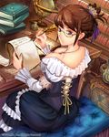  blue_eyes book braid breasts brown_hair cleavage collarbone corset glasses globe inkwell jewelry large_breasts looking_back necklace original quill sitting solo suoni_(deeperocean) table 