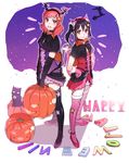  2girls :3 animal_ears bad_id bad_pixiv_id bat_wings bell bell_collar black_cat black_hair cat cat_ears cat_tail collar elbow_gloves fang gloves hair_ornament hair_ribbon hairband halloween hands_on_hips highres jack-o'-lantern looking_at_viewer love_live! love_live!_school_idol_project multiple_girls nishikino_maki open_mouth paw_gloves paws purple_eyes red_eyes red_hair ribbon star star_hair_ornament tail thighhighs twintails winged_hairband wings yazawa_nico 