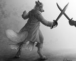  2015 anthro canine chrimson clothed clothing duo fight fox fur hair male mammal melee_weapon rukis smile sword weapon 