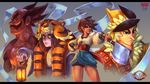  2girls ajna_(indivisible) bike_shorts bracelet brown_hair commentary courtney_chitsiga dark_skin english_commentary highres indivisible jewelry multiple_boys multiple_girls razmi_(indivisible) short_hair tiger_pelt tungar zebei_(indivisible) 
