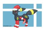  2015 animal_genitalia balls black_fur blush canine_penis christmas clothing eeveelution erection feral fur hat holidays knot kyoushiro legwear looking_at_viewer male markings nintendo penis pok&eacute;mon presenting presenting_penis raised_leg red_eyes saggy_balls santa_hat side_view socks solo standing umbreon video_games yellow_markings 