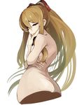  ass bangs blonde_hair bow from_behind granblue_fantasy hair_between_eyes hair_bow iwasaki_takashi long_hair naughty_face no_legs nude open_mouth pink_eyes ponytail sidelocks simple_background smile sneer solo vira_lilie white_background 