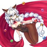  animal_ears blush braid breasts brown_eyes brown_legwear cat_ears chan_co cleavage detached_collar erune granblue_fantasy hair_tubes hairband heles high_heels kittysuit large_breasts leotard long_hair number pantyhose puffy_sleeves simple_background single_braid smile solo very_long_hair white_background white_hair 