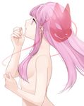  absurdres bad_id bad_pixiv_id breasts fox_mask gotoh510 hair_censor hata_no_kokoro highres long_hair mask medium_breasts noh_mask nude open_mouth pink_eyes pink_hair profile simple_background solo string touhou upper_body white_background 