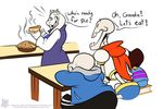  2015 anthro bone boss_monster caprine female food male mammal monster papyrus_(undertale) pie redrockuniverse sans_(undertale) sitting skeleton table text toriel undertale video_games 