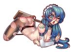  all_fours arched_back blue_eyes blue_hair blush bow bowtie breasts elbow_gloves fang fengmo glasses gloves highres long_hair maid_headdress medium_breasts nipples one_eye_closed paddle pantyhose simple_background slap_mark solo spanked spanking sweat tail tattoo tongue tongue_out torn_clothes torn_legwear 